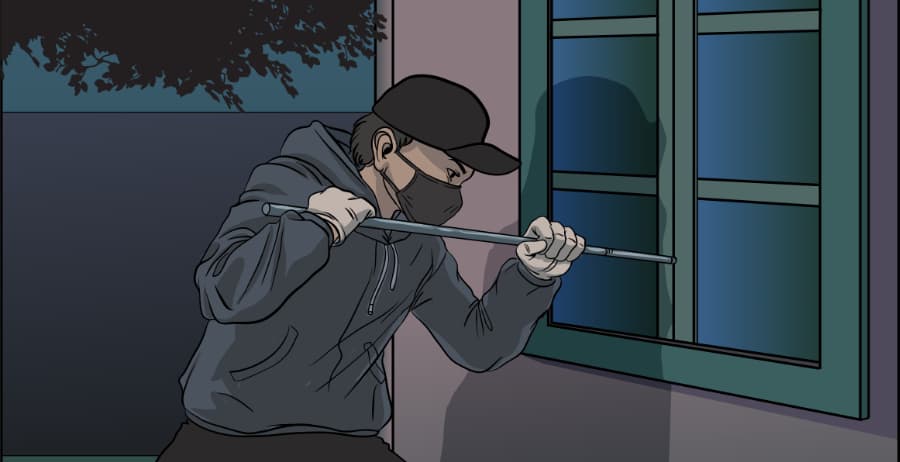 Illustration of burglar forcing entry through a window in Augusta