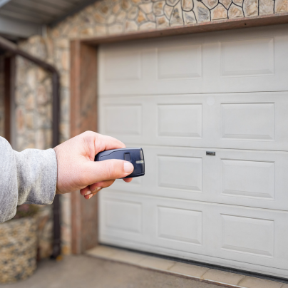 Augusta security key fob pointing to a garage door